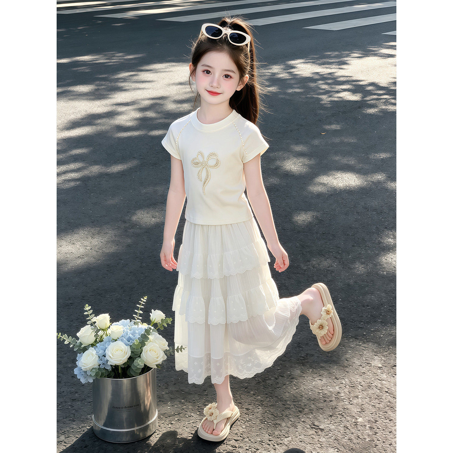 女童短袖T恤套装夏季2026新款女孩半袖上衣夏装中大童蛋糕半身裙