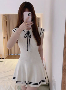 十三行正品学院海军风小飞袖软糯针织系带连衣裙女修身显瘦白色a
