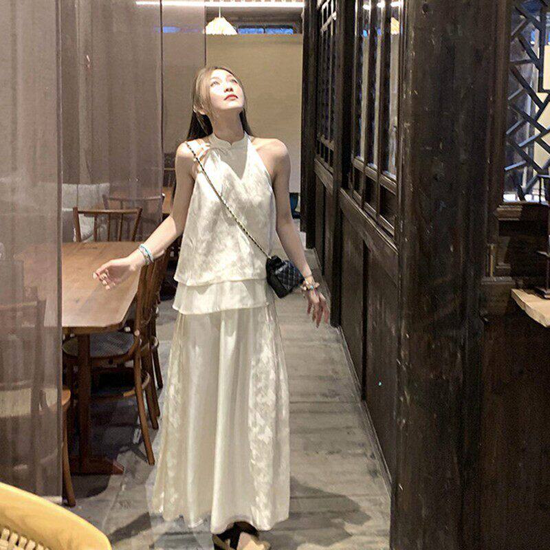 专柜正品新中式国风挂脖无袖连衣裙两件套女高级感上衣半身长裙子