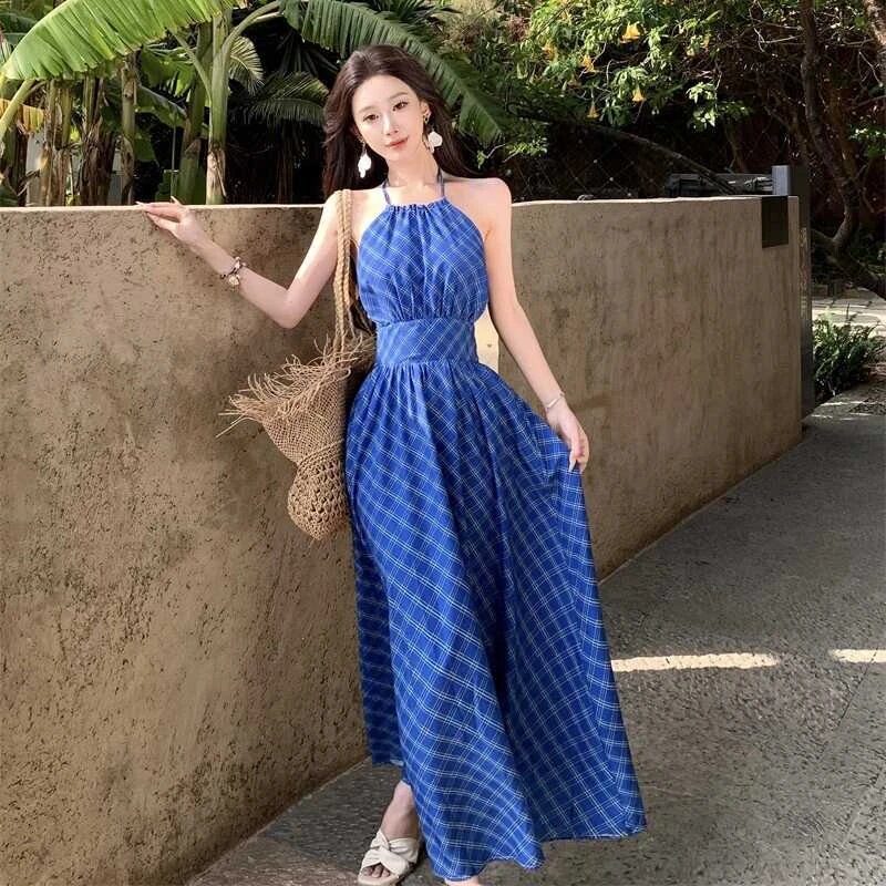 专柜正品大码胖MM度假风仙女露背挂脖蓝色连衣裙女夏季新款海边沙