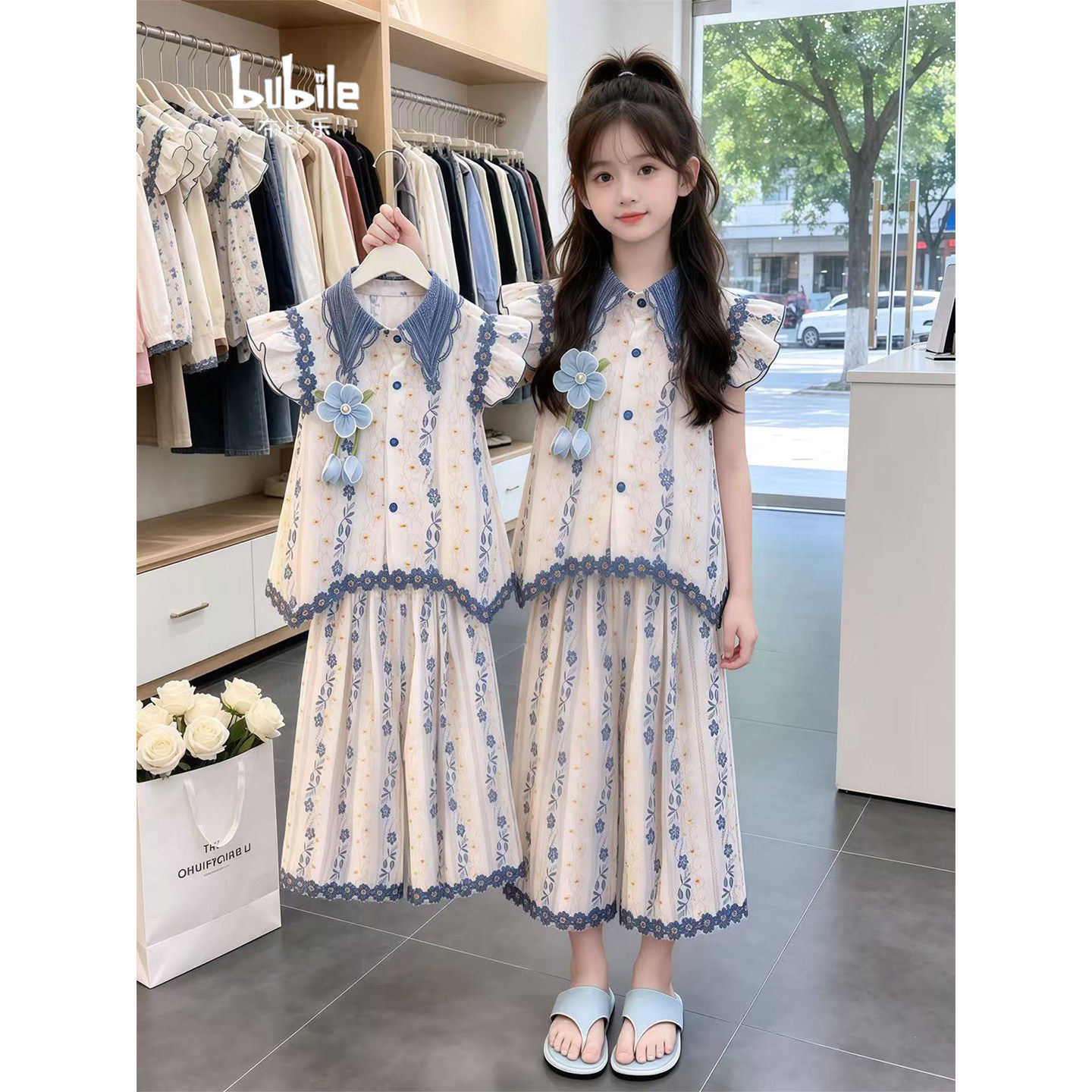 专柜正品女童夏季套装2026新款儿童翻领小飞袖上衣花边阔腿七分裤