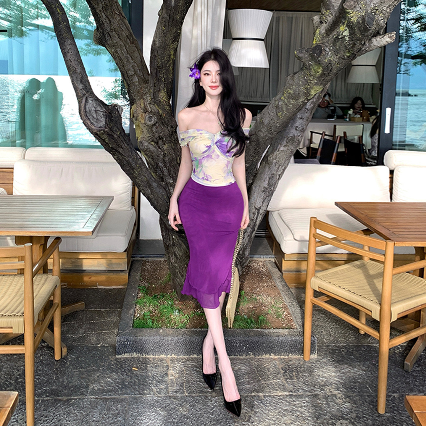 专柜正品御姐独特超好看的一字肩上衣紫色包臀裙两件套装一套ootd