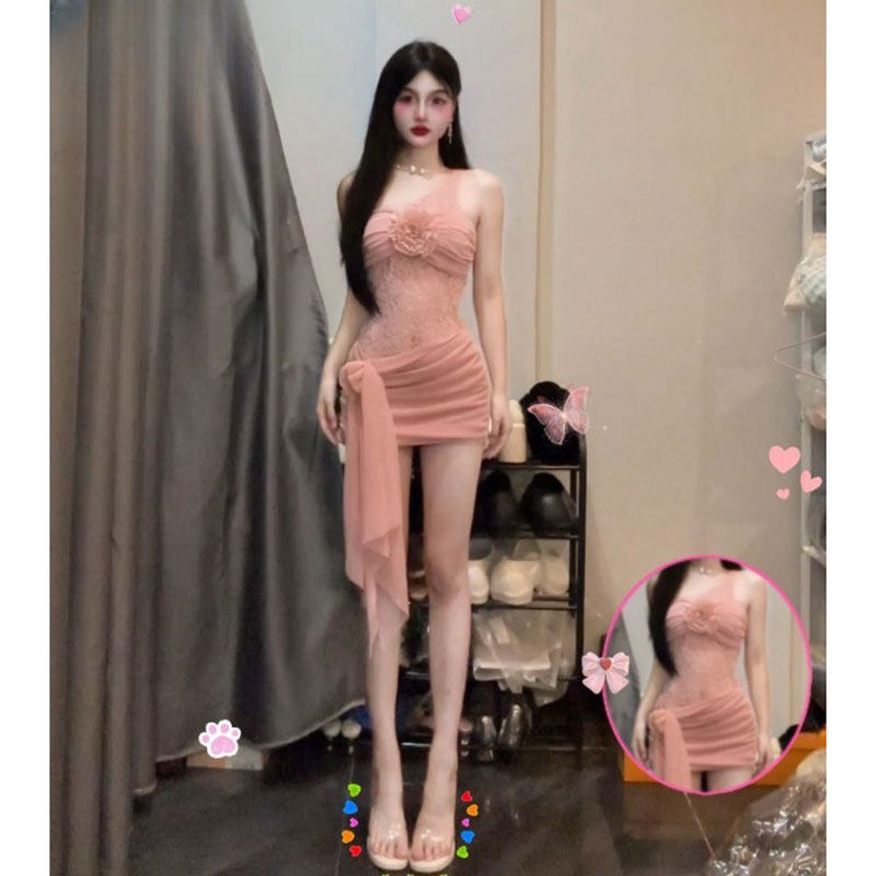 专柜正品独特绝美小裙子性感辣妹钓系约会裙生日小礼裙斜肩网纱蕾
