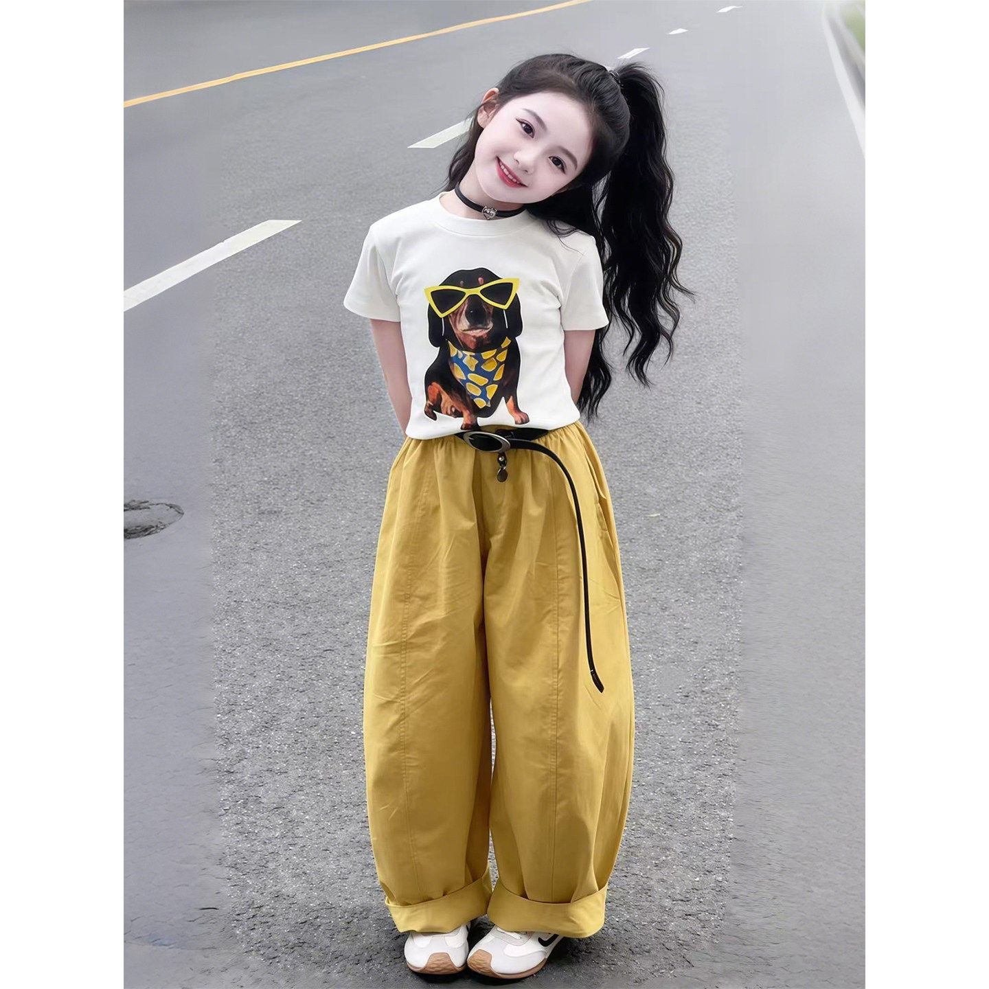 女童T恤2026新款夏季墨镜小狗短袖儿童童装上衣洋气宽松阔腿裤潮
