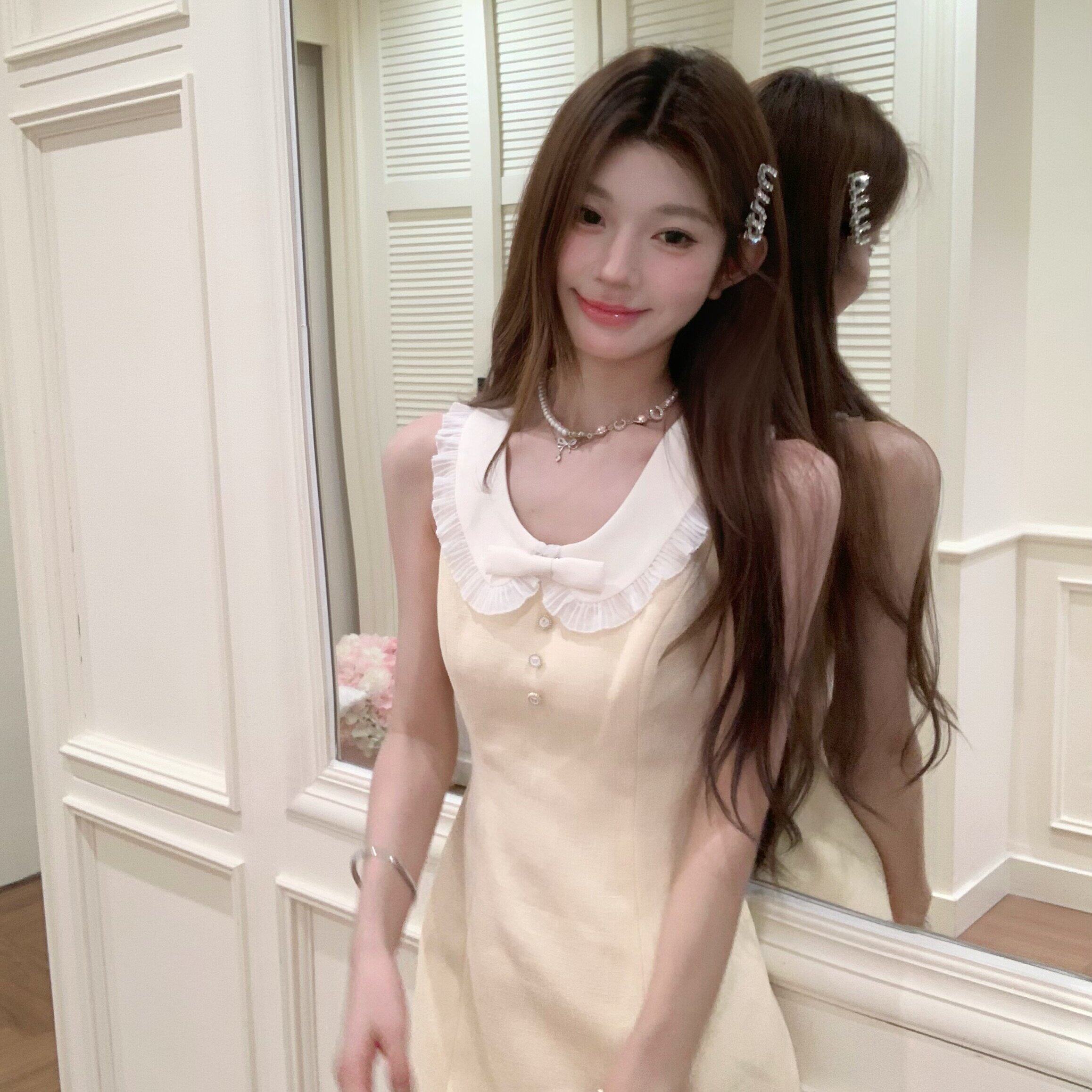专柜正品奶黄瘦瘦包/小香风娃娃领连衣裙女夏季收腰显瘦千金短裙