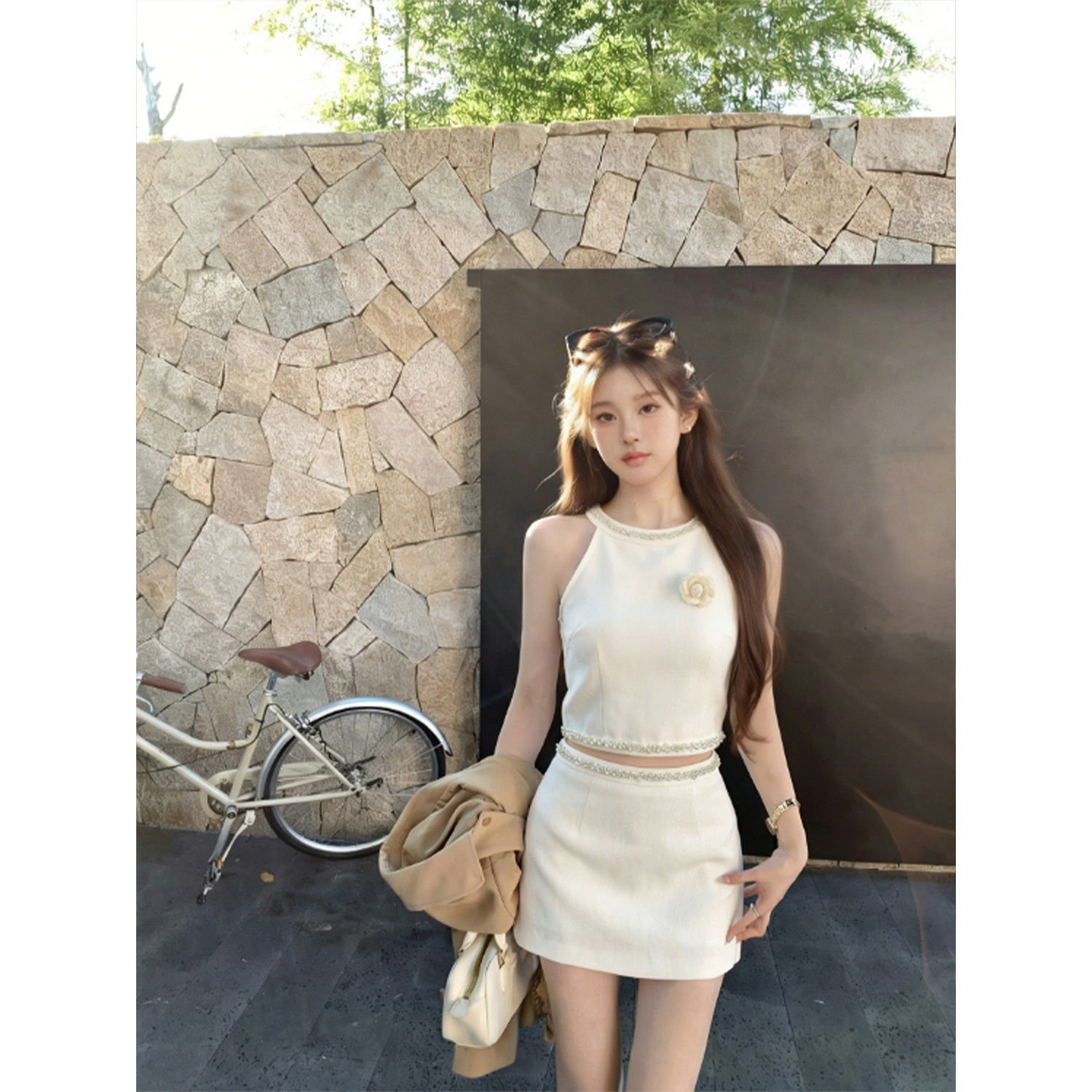 十三行正品白色小香风气质套装裙女夏季挂脖镶钻背心马甲短裙两件