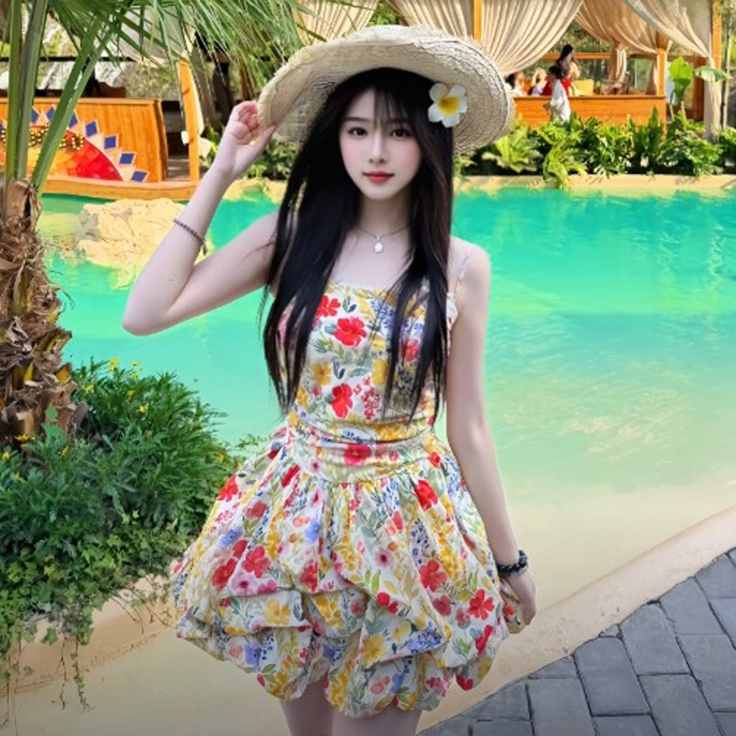 专柜正品海边度假风巨好看的印花吊带蓬蓬小裙子复古漂亮独特连衣