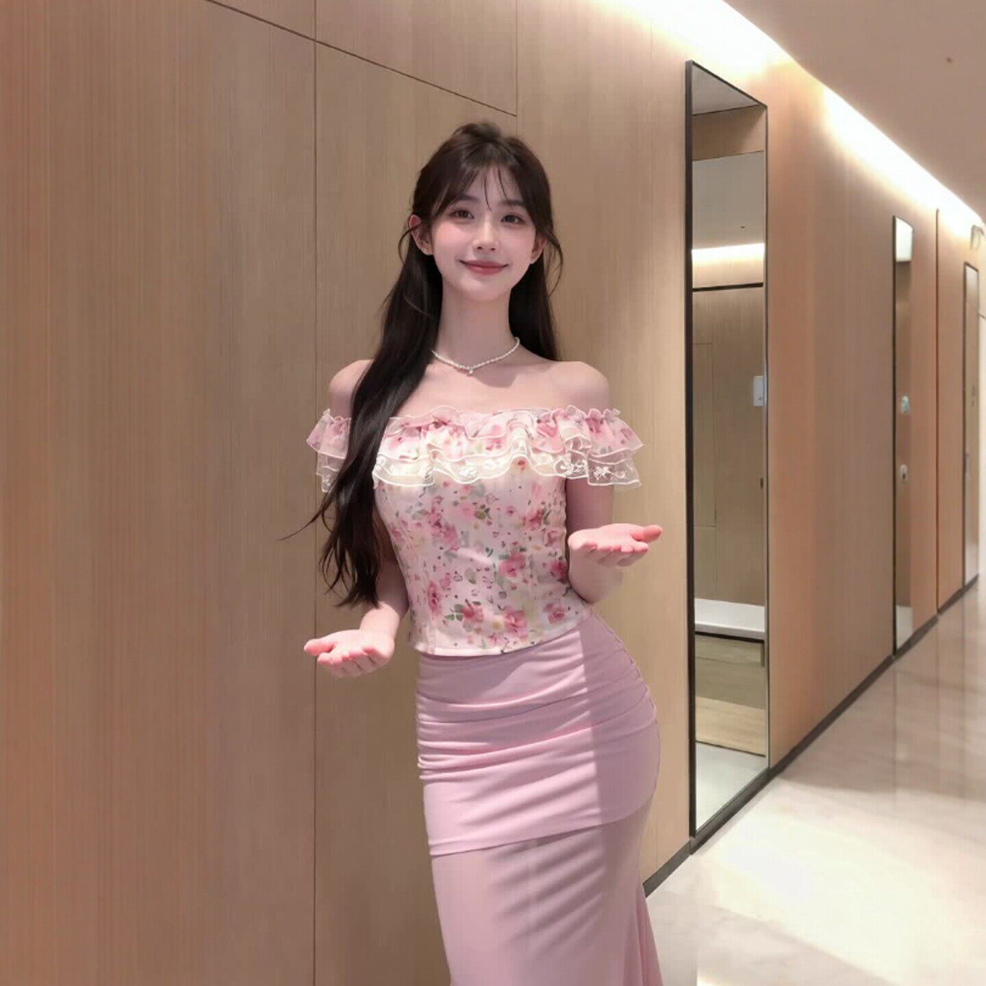 专柜正品温柔风独特超好看一字肩碎花上衣包臀裙两件套装一整套穿