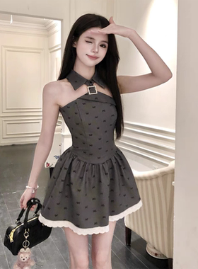 十三行正品纯欲风灰色挂脖无袖连衣裙女收腰气质小个子蕾丝花边a