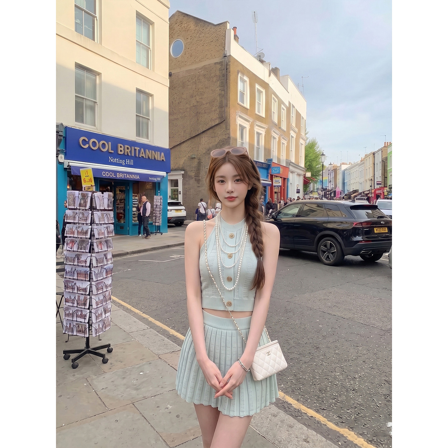 专柜正品法式千金风针织套装裙女夏季挂脖无袖背心百褶短裙两件套