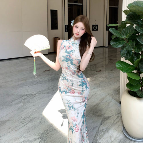 十三行正品新中式国风改良旗袍连衣裙复古风漂亮独特印花修身包臀