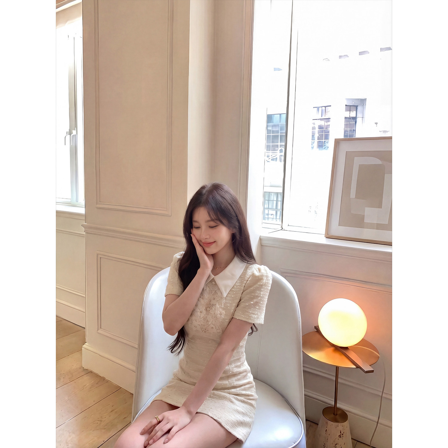 专柜正品法式名媛翻领短袖连衣裙女夏季高级感收腰显瘦气质短裙子