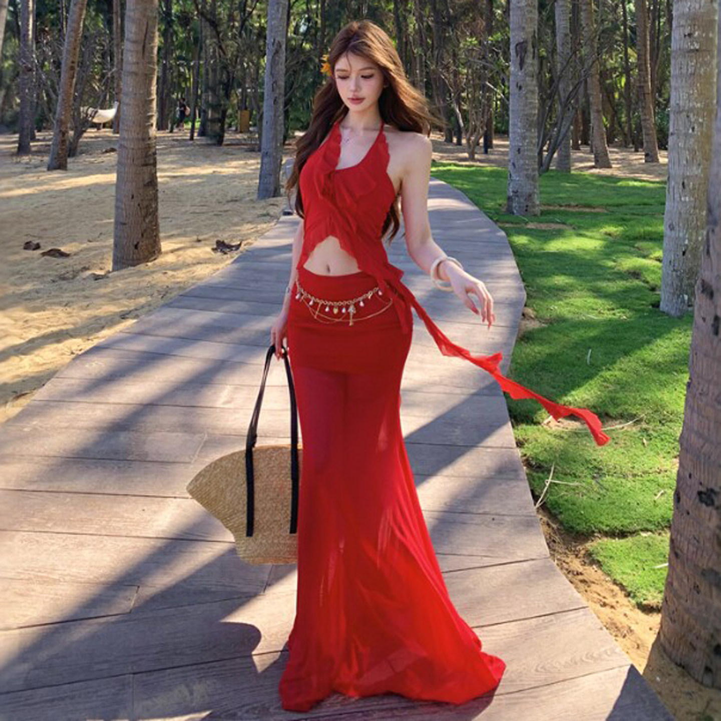 专柜正品度假风独特超好看红色吊带包臀半身裙两件套装一整套ootd