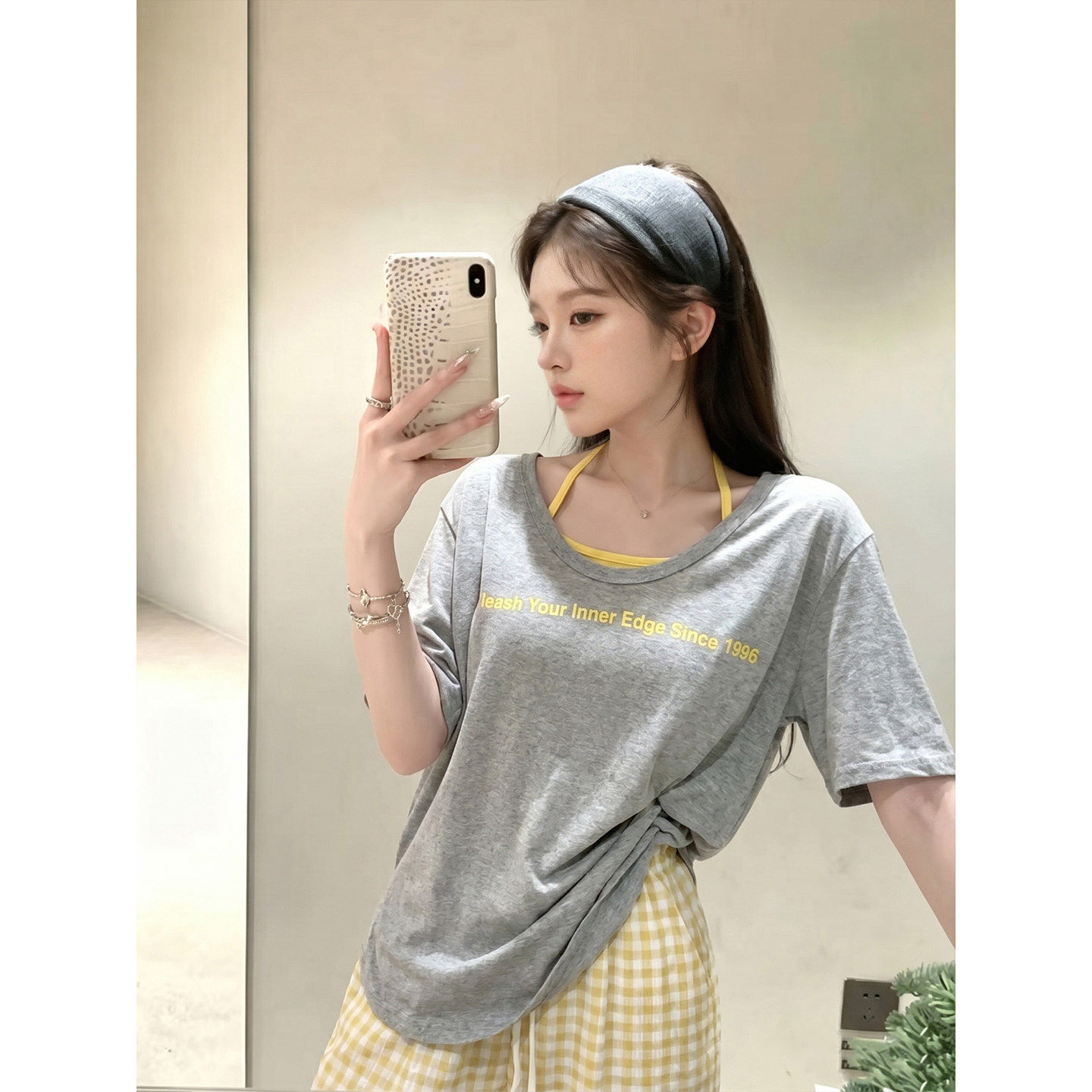 专柜正品灰色字母印花短袖t恤女夏季挂脖吊带宽松休闲百搭上衣两