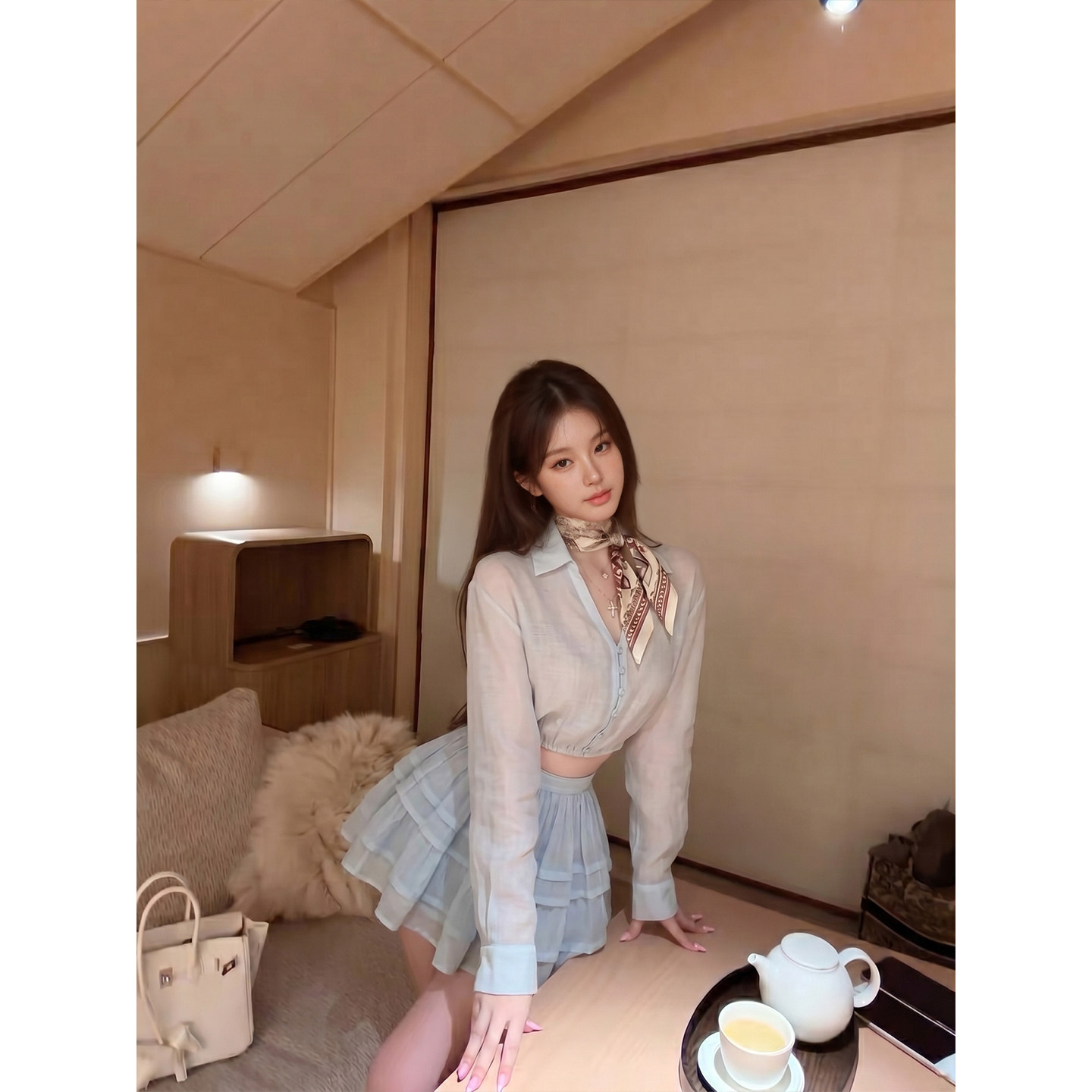 专柜正品法式温柔风气质套装裙女夏季短款防晒衬衫蛋糕短裙两件套