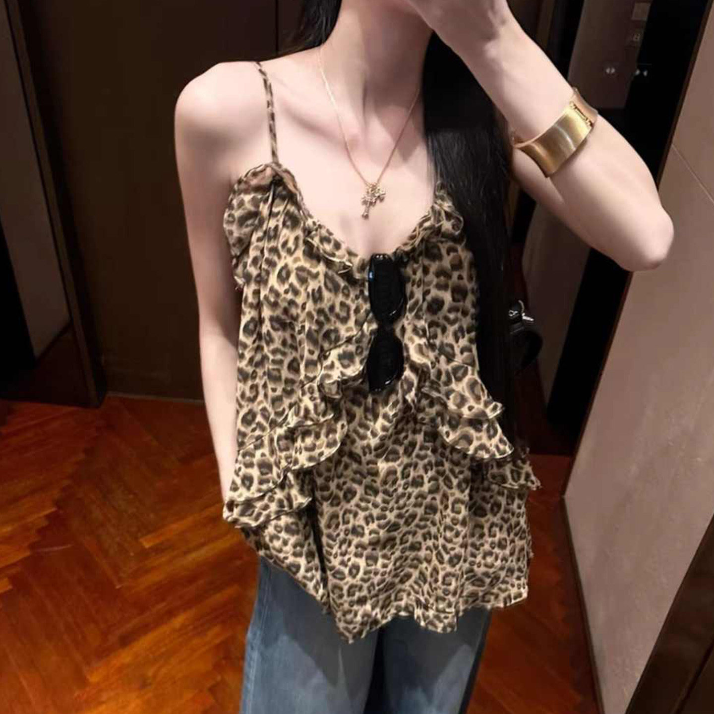 专柜正品豹纹荷叶边吊带背心女夏季外穿度假风性感甜辣妹显瘦气质