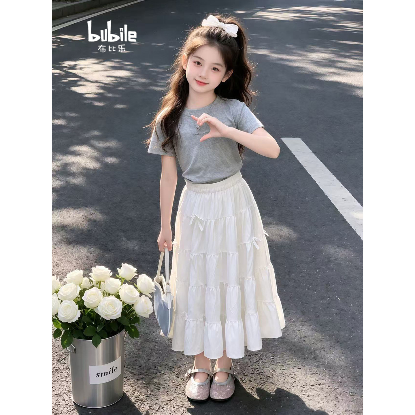 专柜正品女童夏装连衣裙2026新款儿童休闲洋气短袖T恤上衣半身白