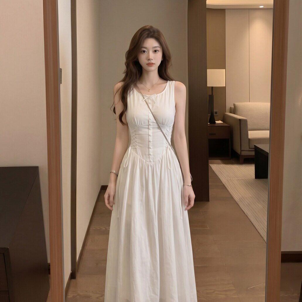 专柜正品少女感绑带收腰连衣裙女夏大方得体无袖长款裙子