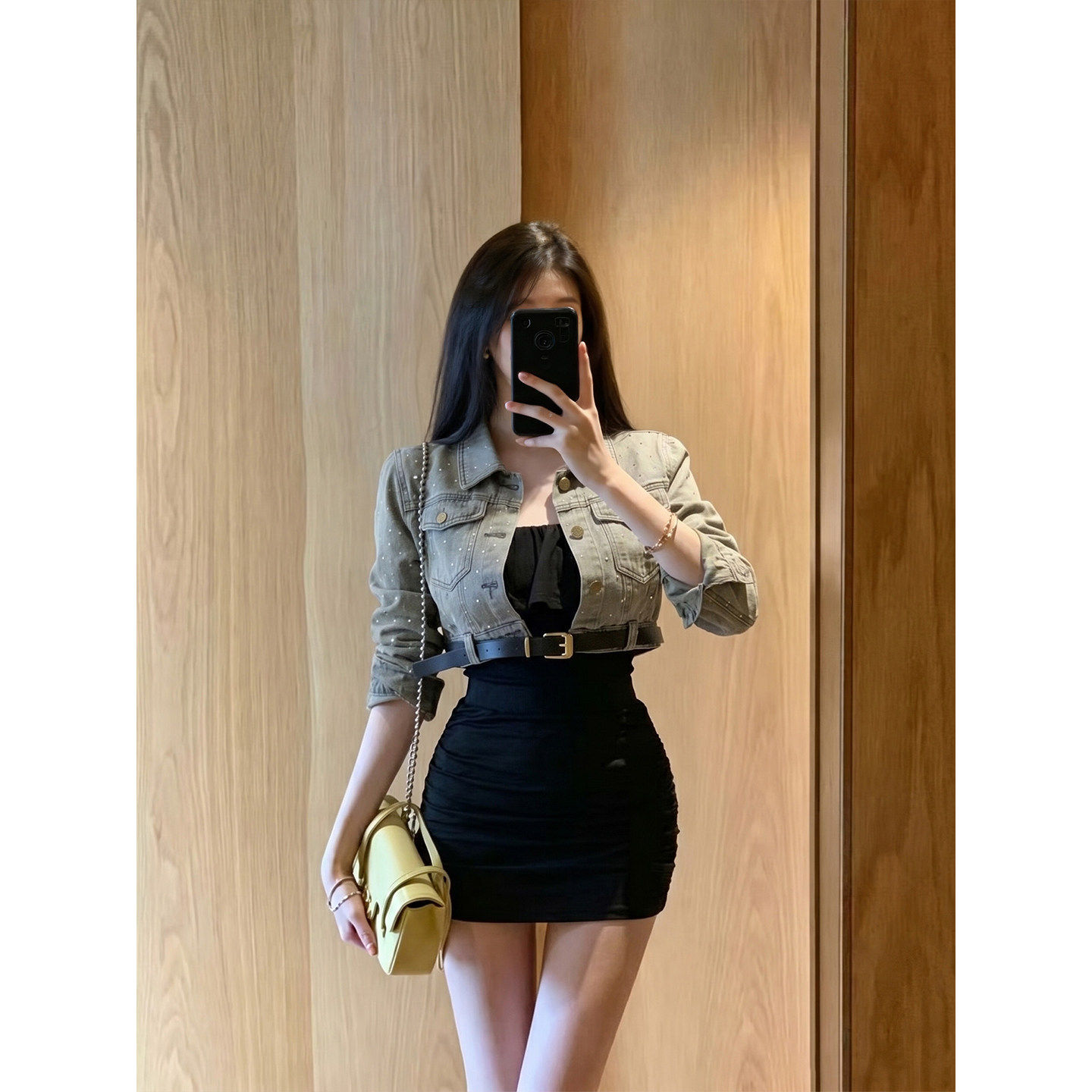 专柜正品美式酷辣风套装裙女夏季烫钻牛仔外套吊带包臀短裙三件套