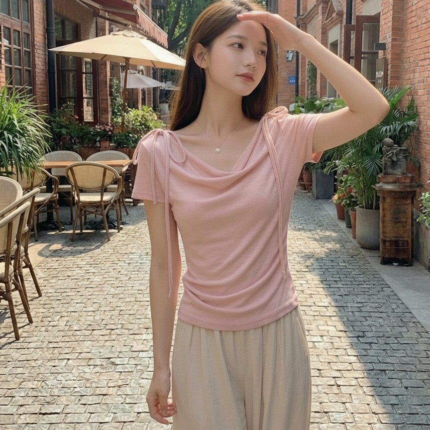 专柜正品韩系温柔粉色露肩荡领短袖t恤女新款2026早春显瘦设计一