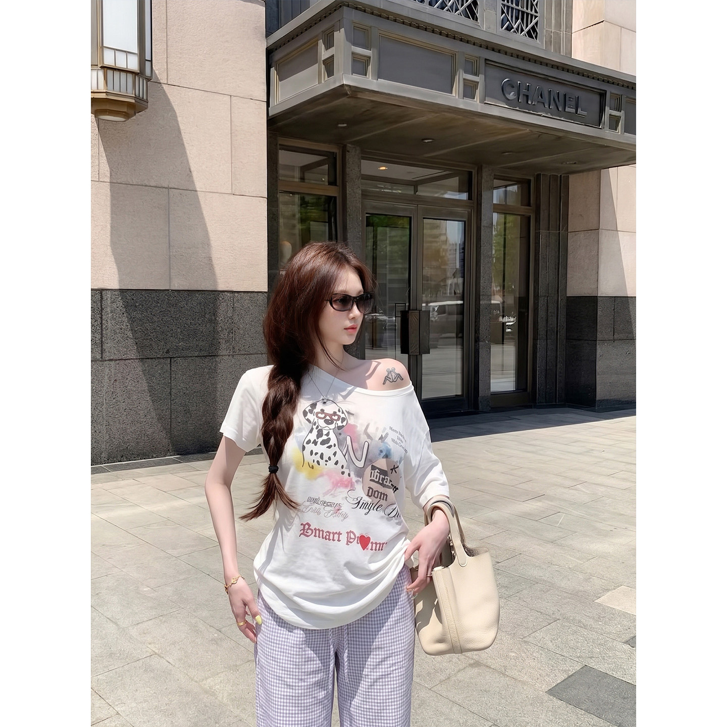 专柜正品韩系白色斜领短袖t恤女夏斑点狗印花宽松休闲百搭露肩上