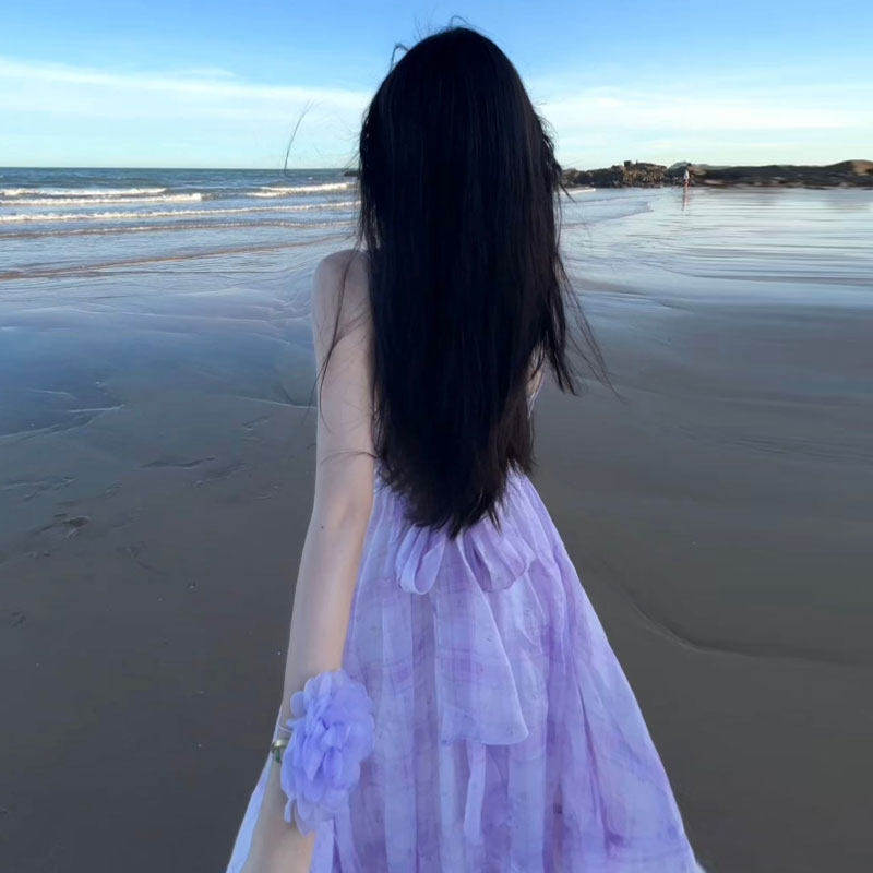 专柜正品五一出游出片穿搭海边度假风紫色吊带连衣裙挂脖露背沙滩
