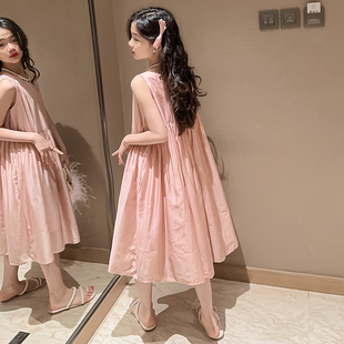 过膝裙 女大童绸缎连衣裙夏装 2025新款 网红女孩韩版 宽松背心裙夏季