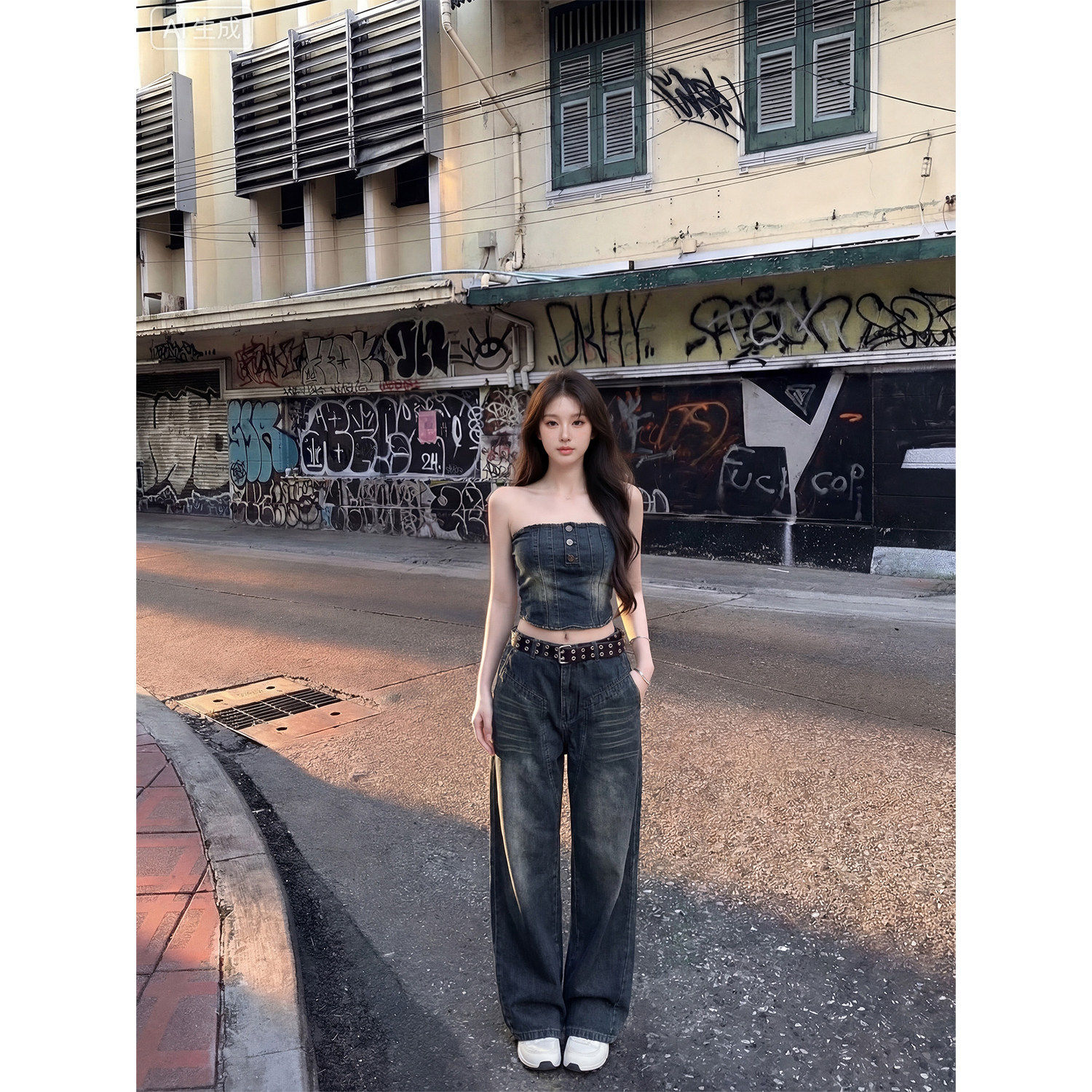 十三行正品美式酷辣风牛仔套装裤女夏季辣妹抹胸上衣阔腿长裤两件
