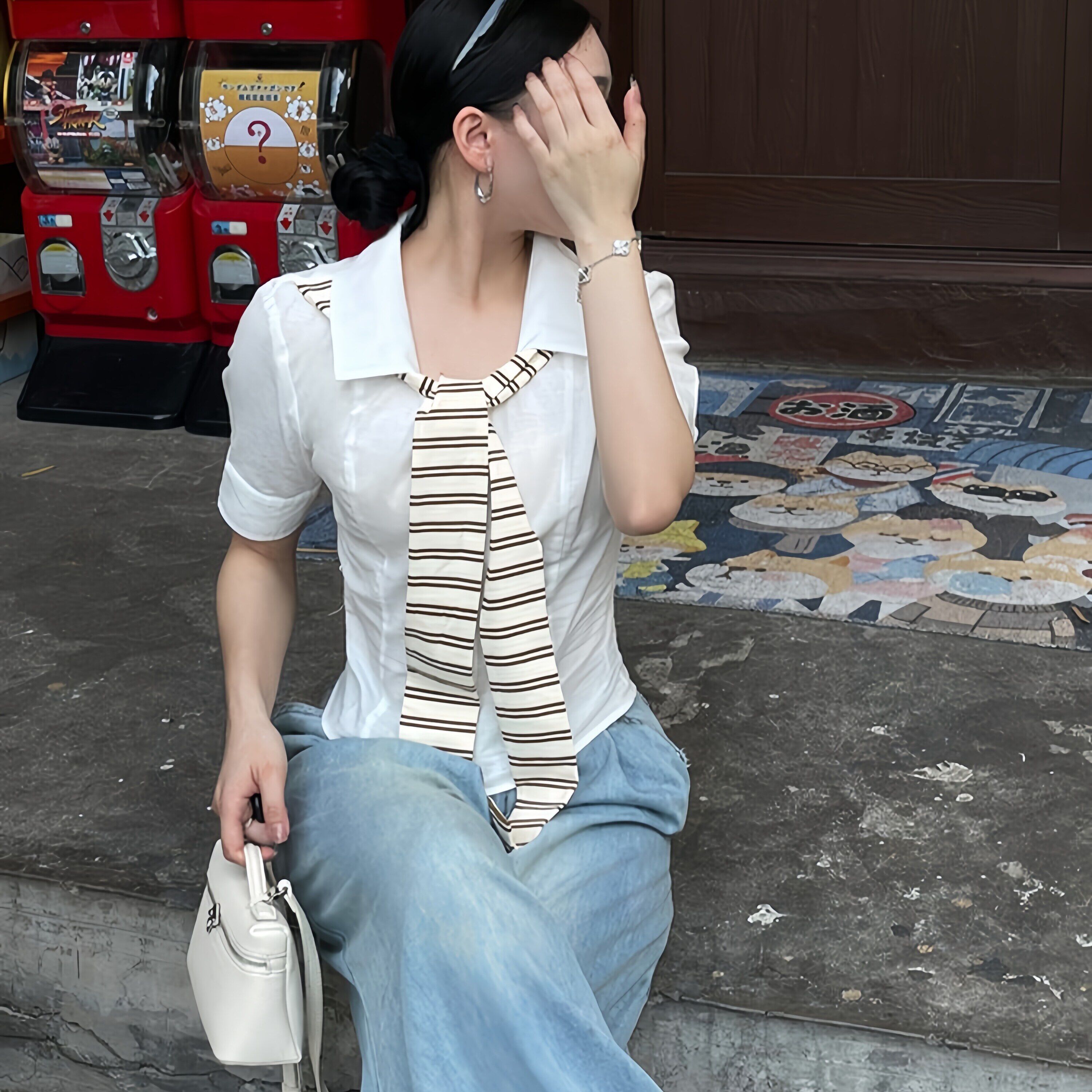 专柜正品慵懒风减龄条纹短袖T恤衬衫女2025夏季流行单品新款上衣