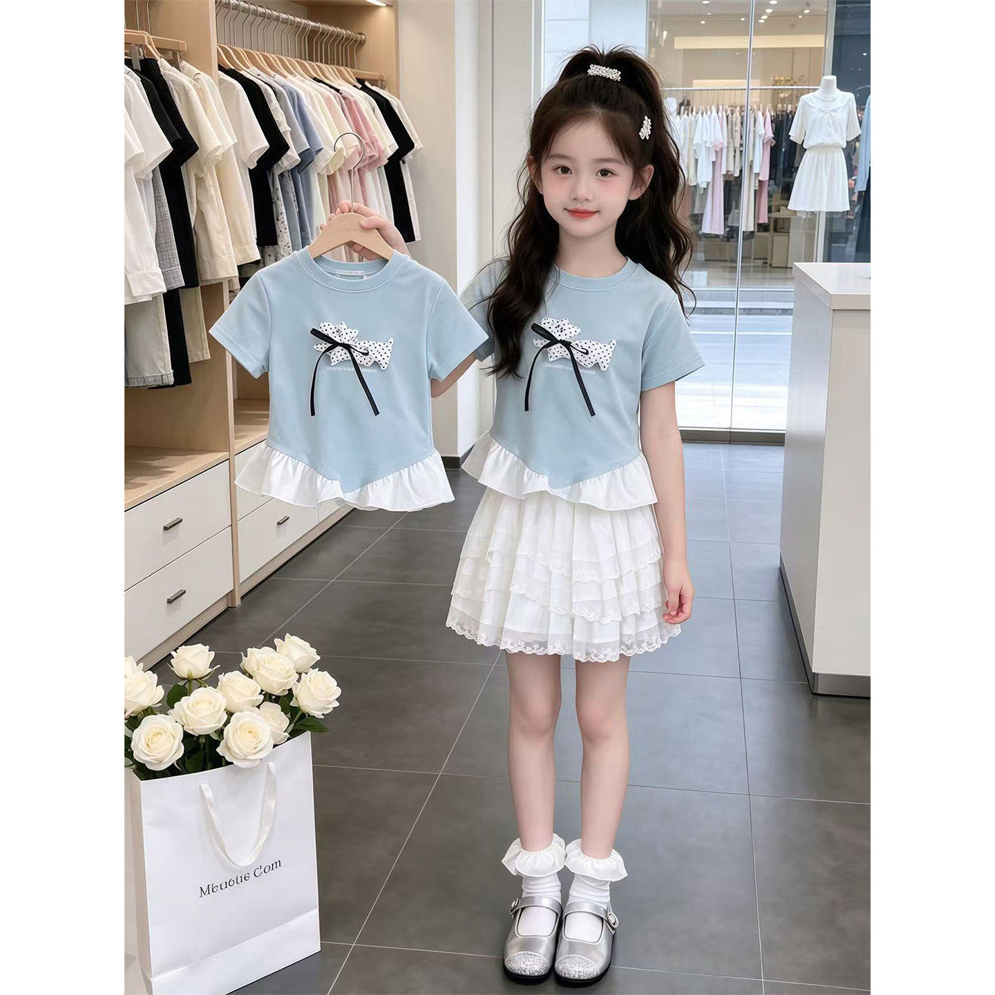 女童套装2026新款夏季巨好看儿童小狗短袖t恤洋气半身裙两件套潮