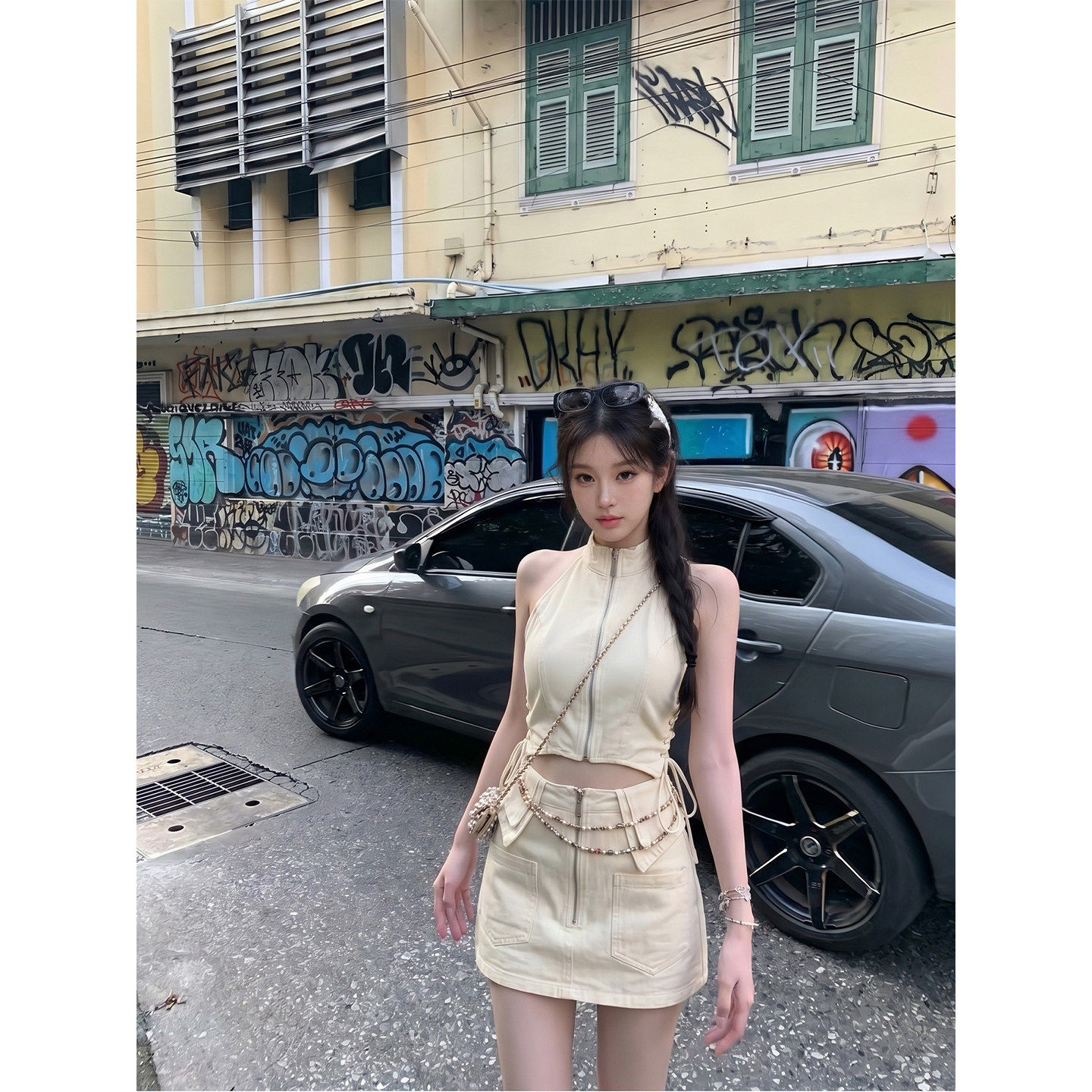 专柜正品韩系辣妹牛仔套装裙女夏季无袖挂脖上衣a字包臀短裙两件