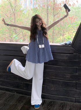 十三行正品夏日绝美蓝色格子无袖背心上衣女小众设计感收腰显瘦系