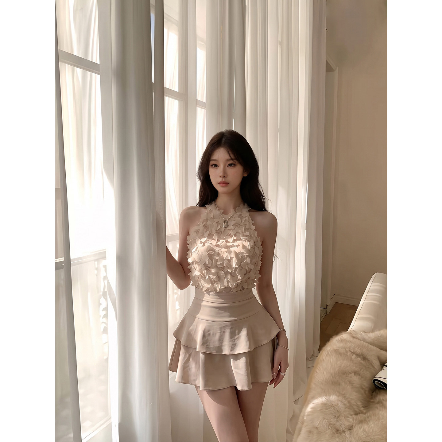 专柜正品法式气质套装裙女夏季挂脖无袖背心上衣蛋糕短裙两件套