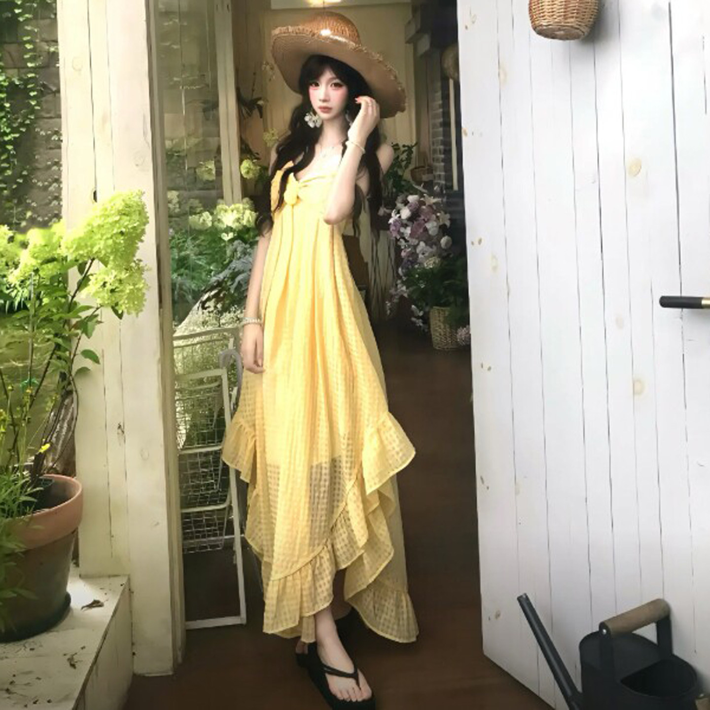 专柜正品旅游穿搭度假风巨好看的不规则仙女吊带连衣裙绝美长裙子
