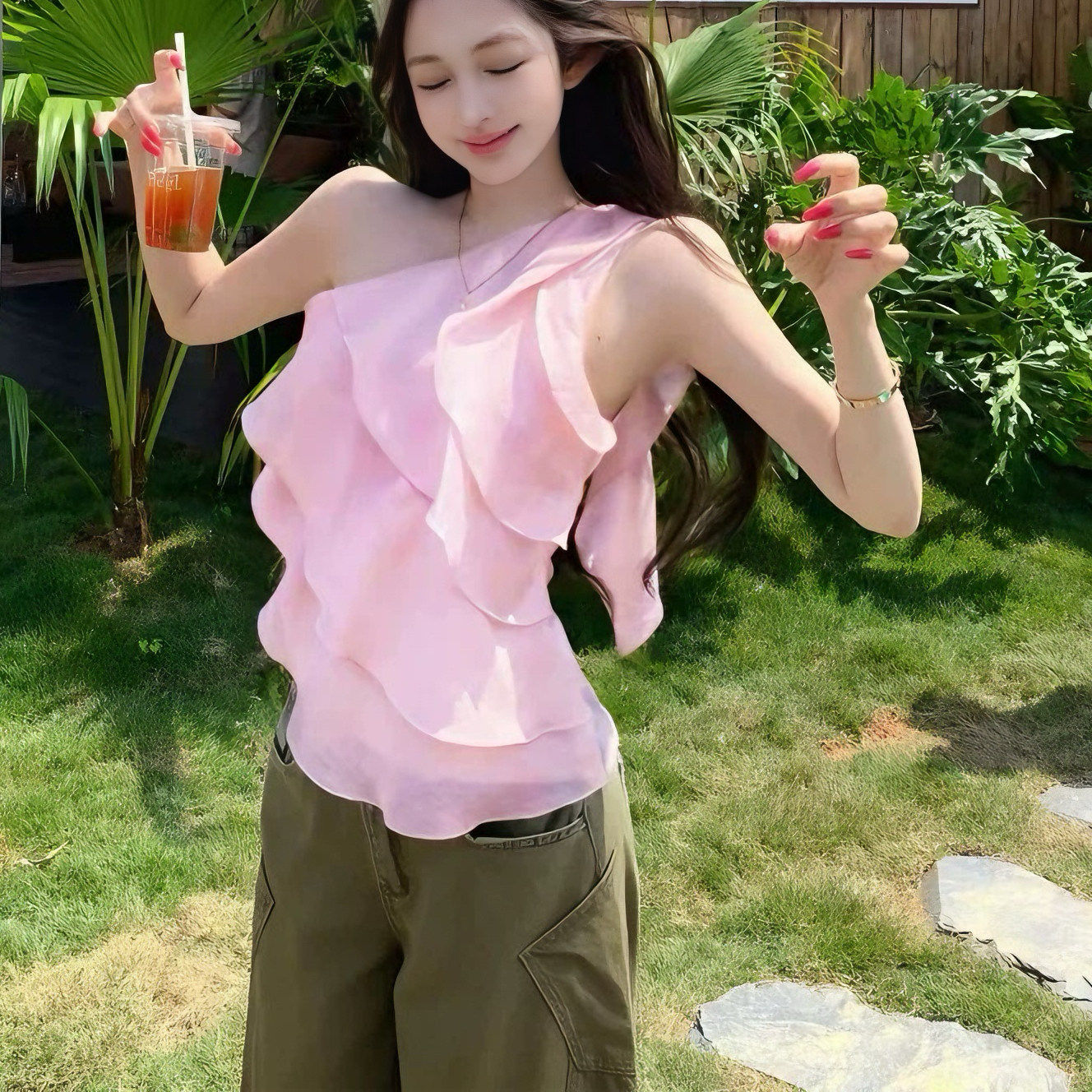 专柜正品荷叶边粉色斜肩无袖背心女夏季设计感修身短款外穿辣妹风