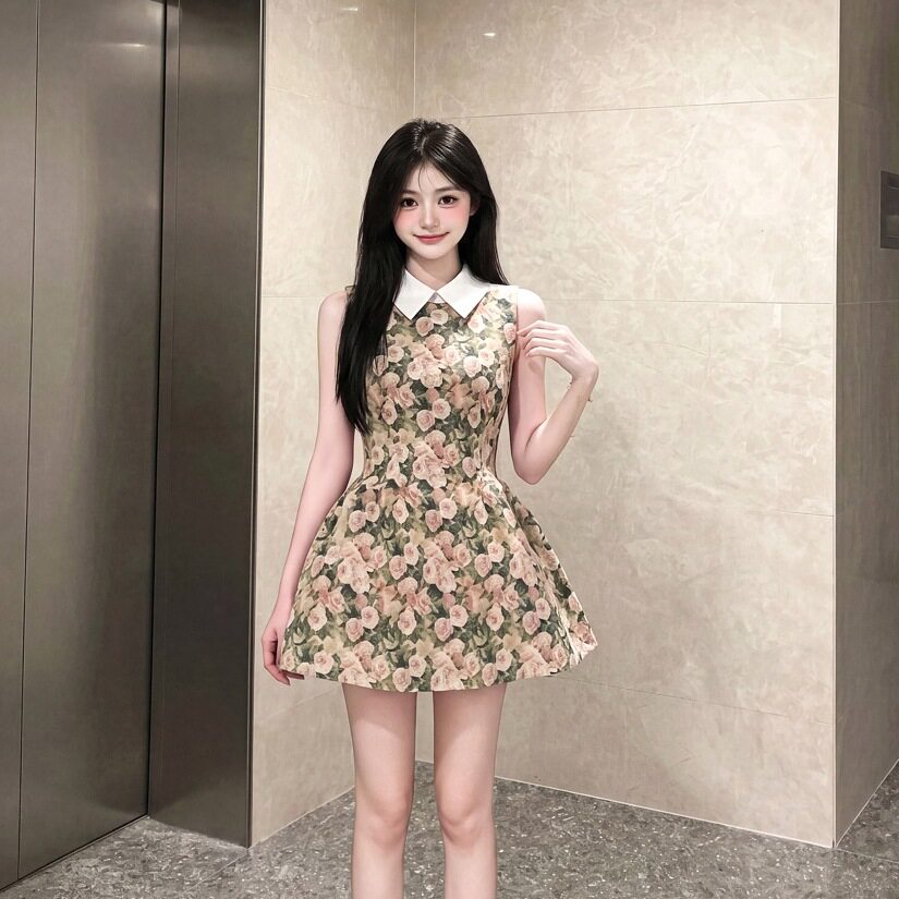 专柜正品复古玫瑰油画衬衫领无袖连衣裙女春夏千金风蓬蓬修身收腰