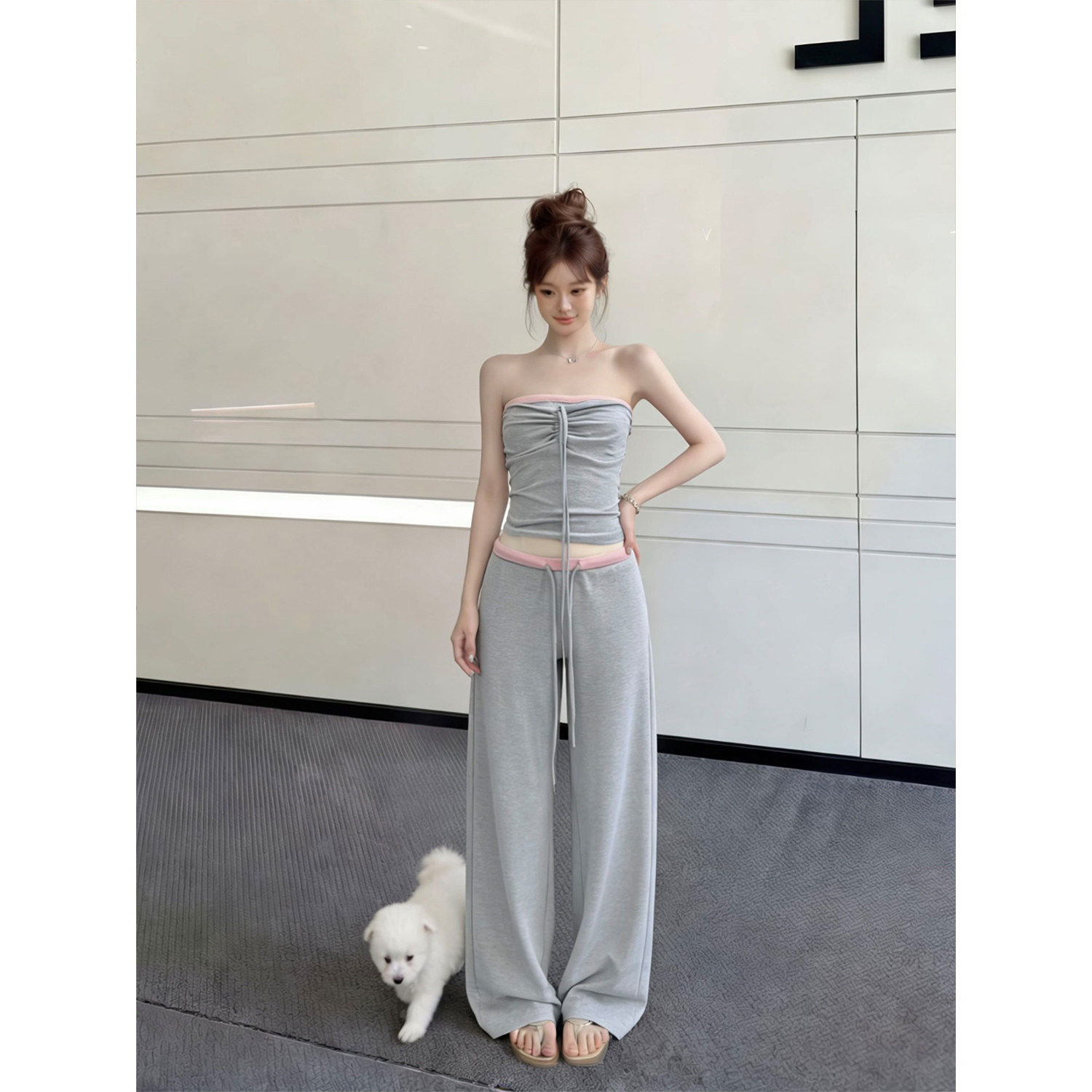 十三行正品韩系辣妹休闲套装女夏季纯欲抹胸背心上衣阔腿长裤两件
