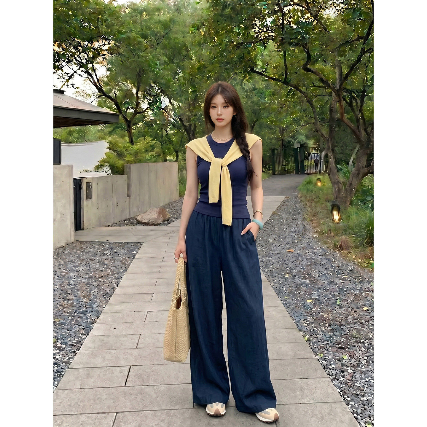 专柜正品韩系慵懒风休闲套装裤女夏季披肩背心上衣阔腿长裤两件套