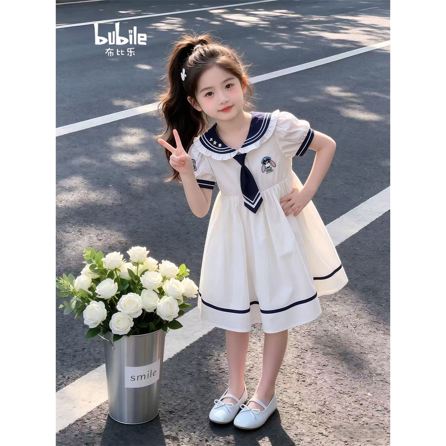专柜正品女童连衣裙2026夏季新款学院风海军领水手服中大童洋气甜