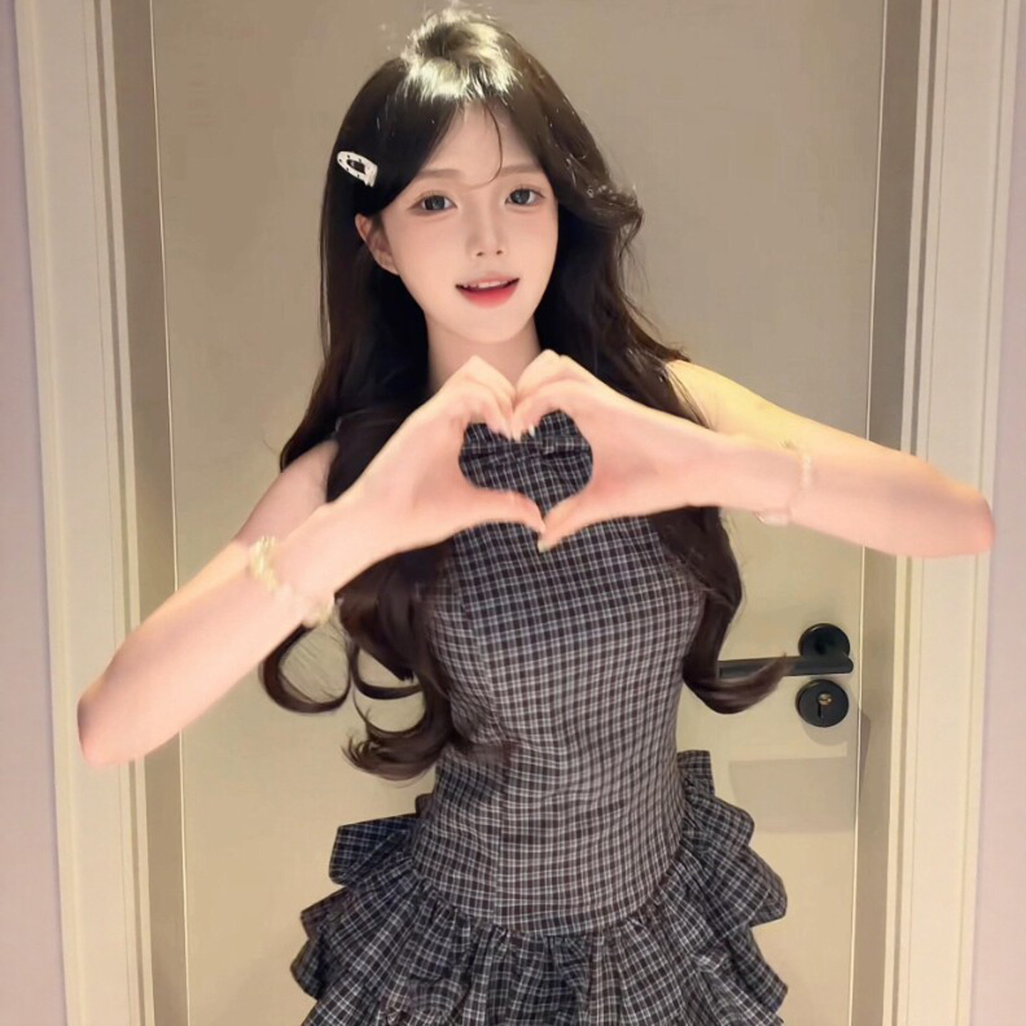 专柜正品美式复古风超好看的格子收腰修身蛋糕吊带连衣裙绝美裙子