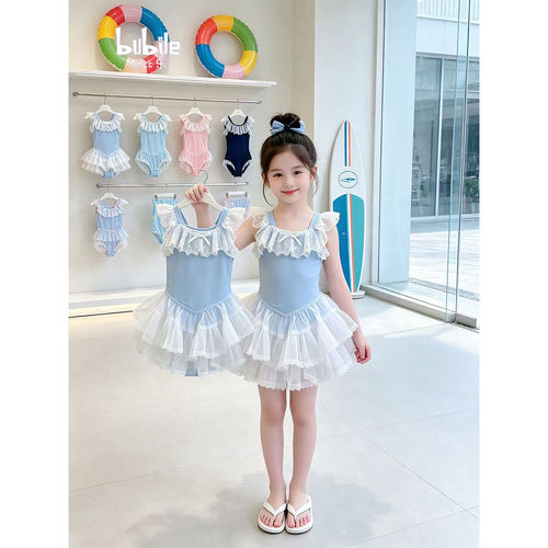 专柜正品女童连体泳衣2026新款蓝色蕾丝花边吊带网纱蓬蓬裙小女孩