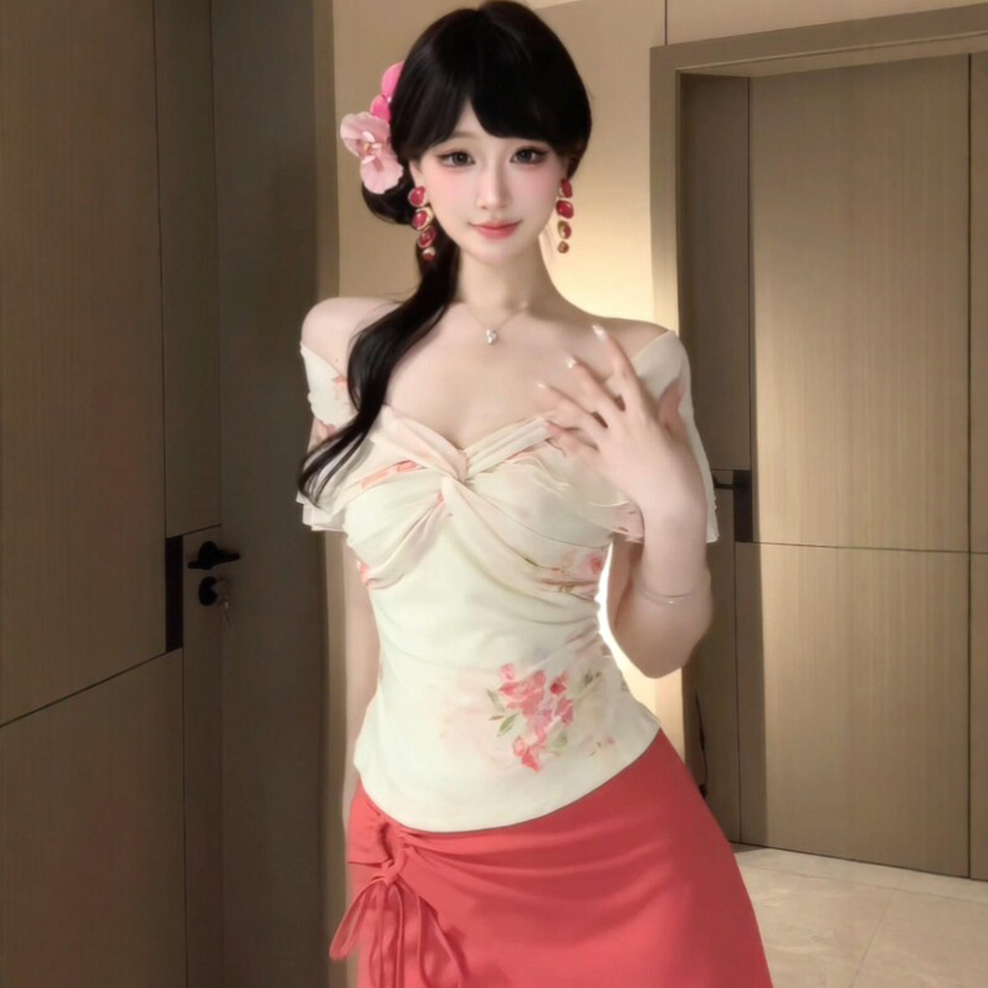 专柜正品温柔风独特超好看的一字肩上衣半身裙两件套装减龄搭配一