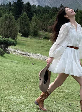 十三行正品法式长袖镂空白色衬衫连衣裙子女宽松显瘦旅游穿搭仙女