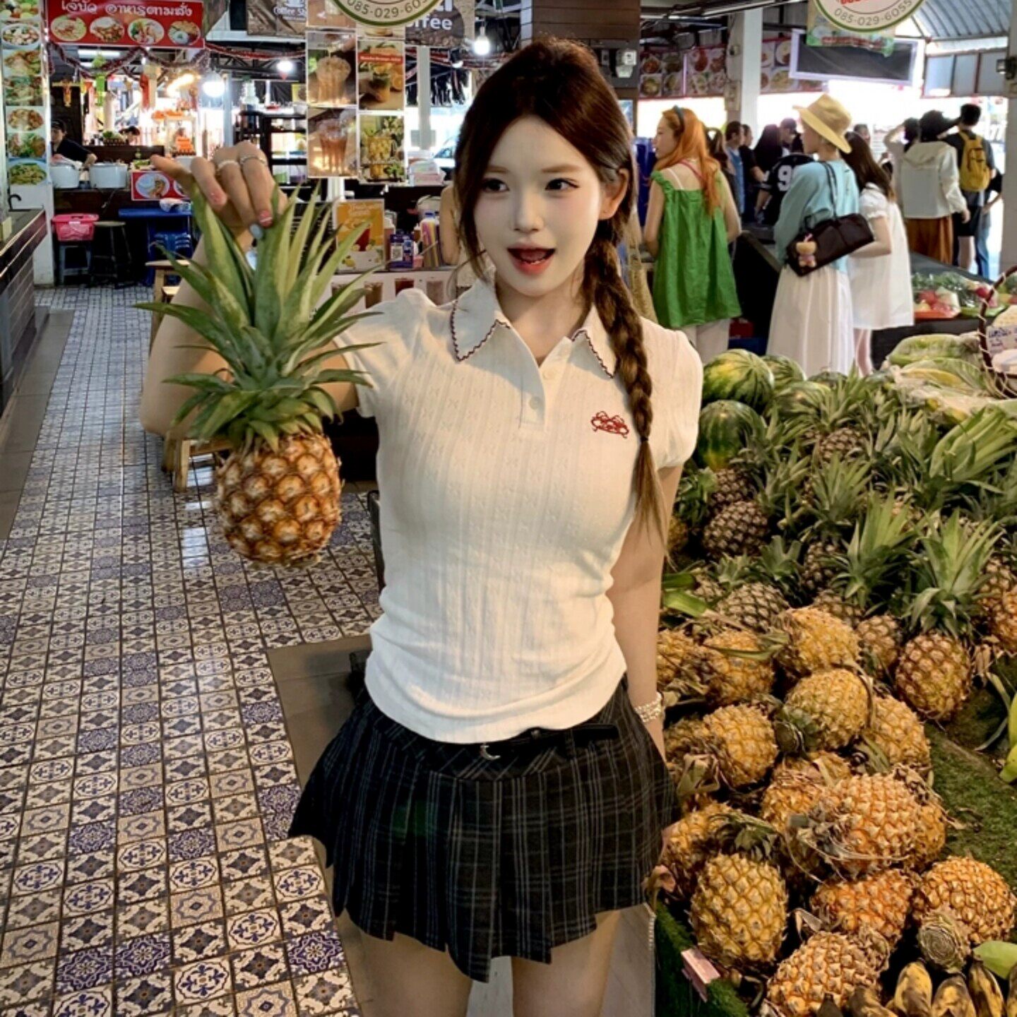 专柜正品韩系穿搭上衣短袖v领修身显瘦百褶裙半身裙气质短裙jk裙