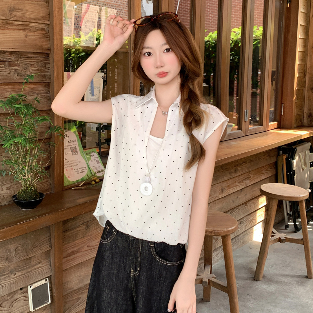 专柜正品波点假两件短袖衬衫女夏宽松显瘦设计感减龄上衣