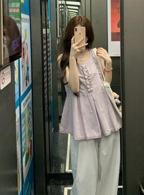 十三行正品韩系chic小个子紫色娃娃衫女宽松百搭设计感短款无袖背
