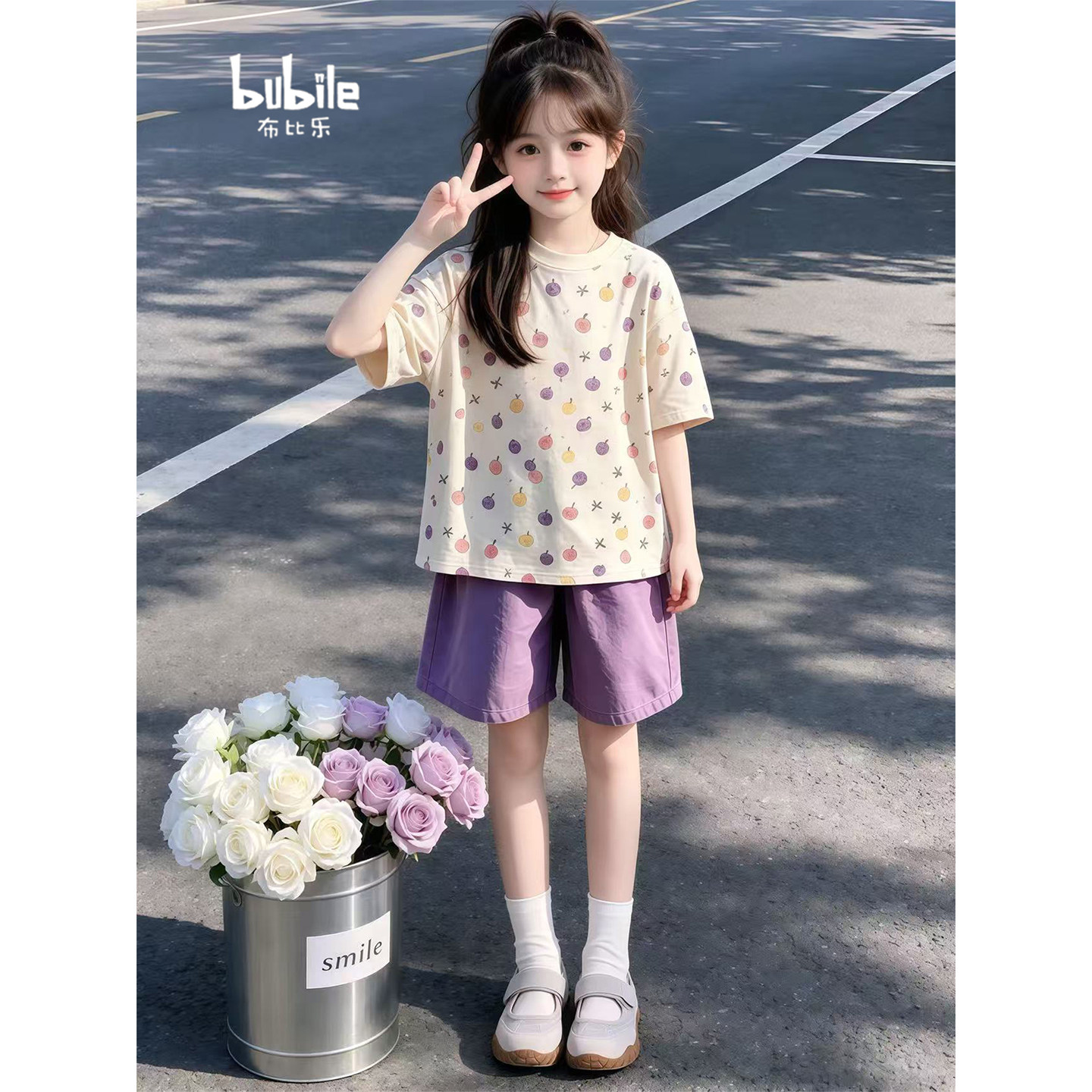 专柜正品女童夏套装2026新款儿童宽松圆领T恤紫色阔腿百搭短裤休