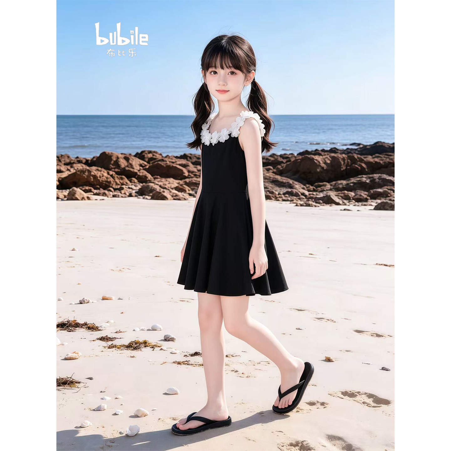 专柜正品女童黑色吊带裙式花边领泳衣2026新款显瘦儿童海边度假沙