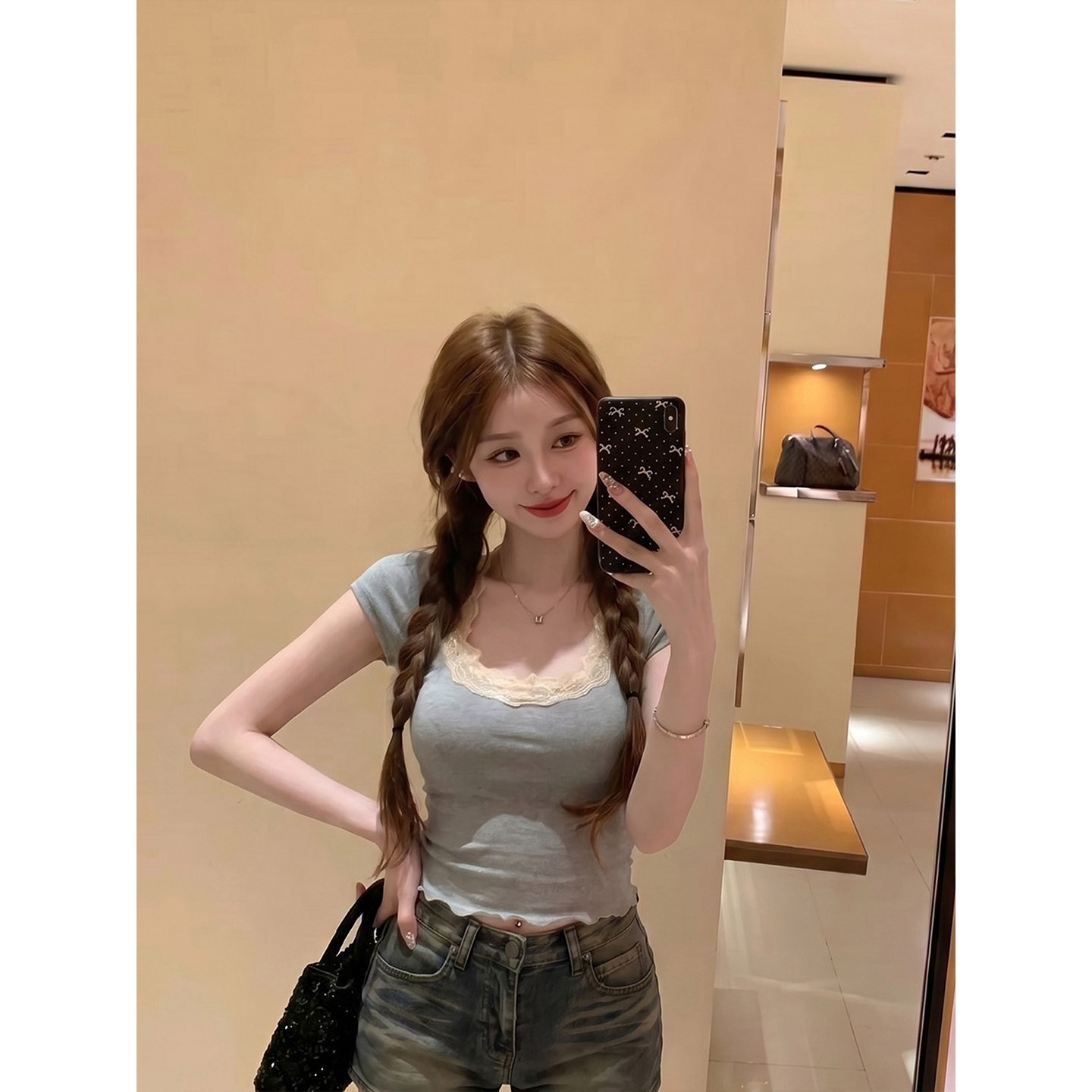 专柜正品灰色蕾丝花边u领短袖t恤女夏季辣妹修身显瘦百搭短款上衣