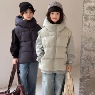 儿童羽绒马甲男童女童中大童韩版2025年秋冬新款泡芙加厚连帽坎肩